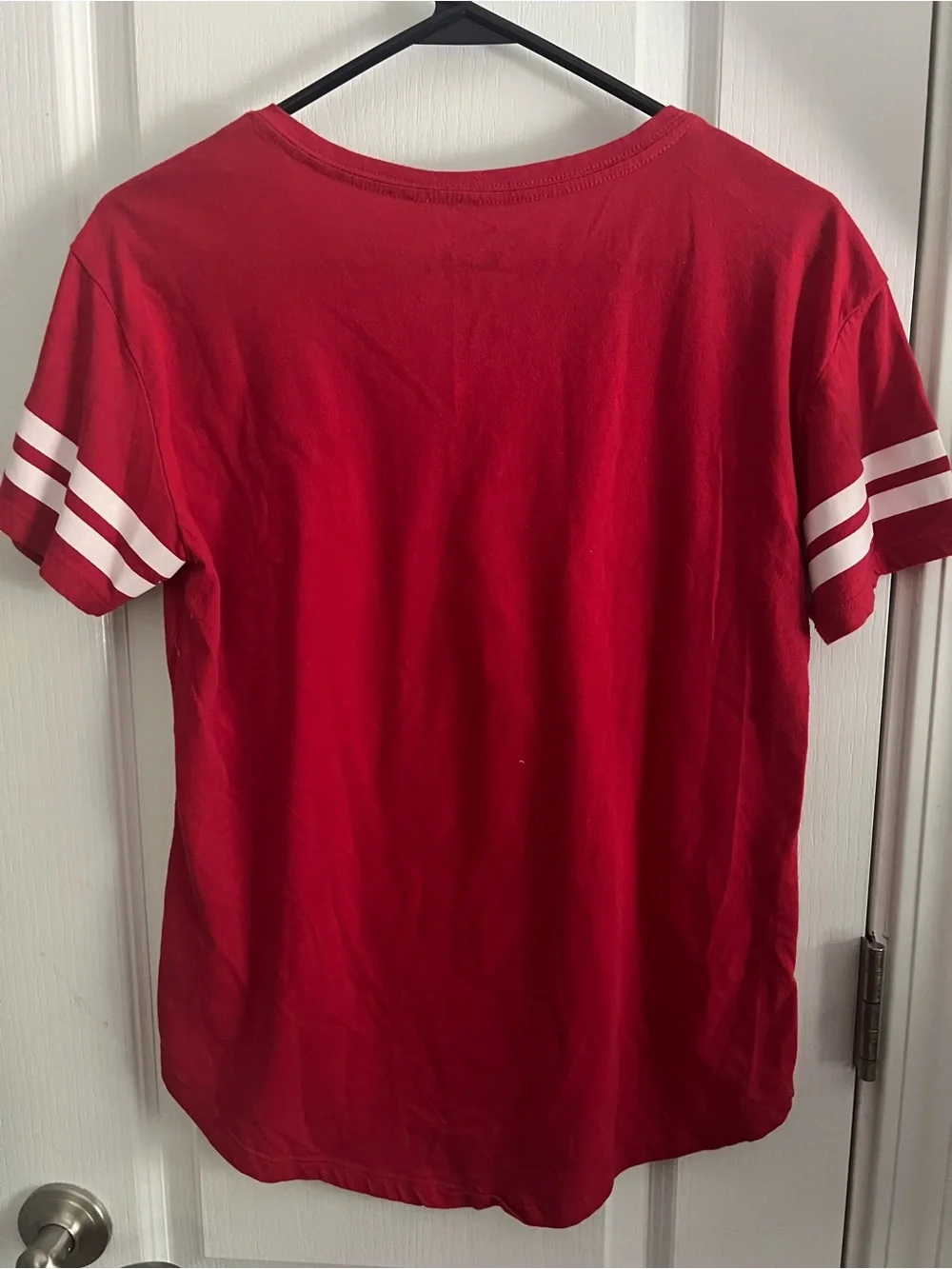 Disney Red Mickey Graphic V-Neck Tee with White Stripe Sleeves
